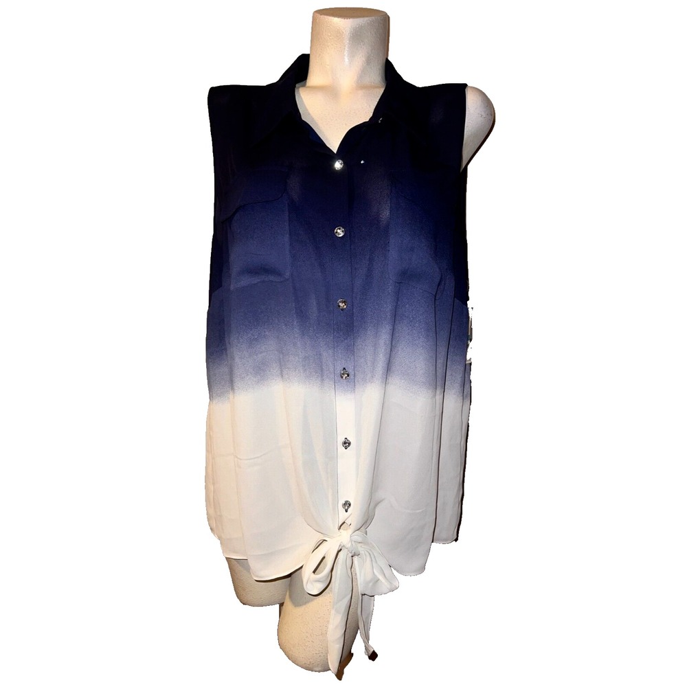 INC International Concepts Blue Ombre Rhinestone Button Tie Front Top 20W NEW